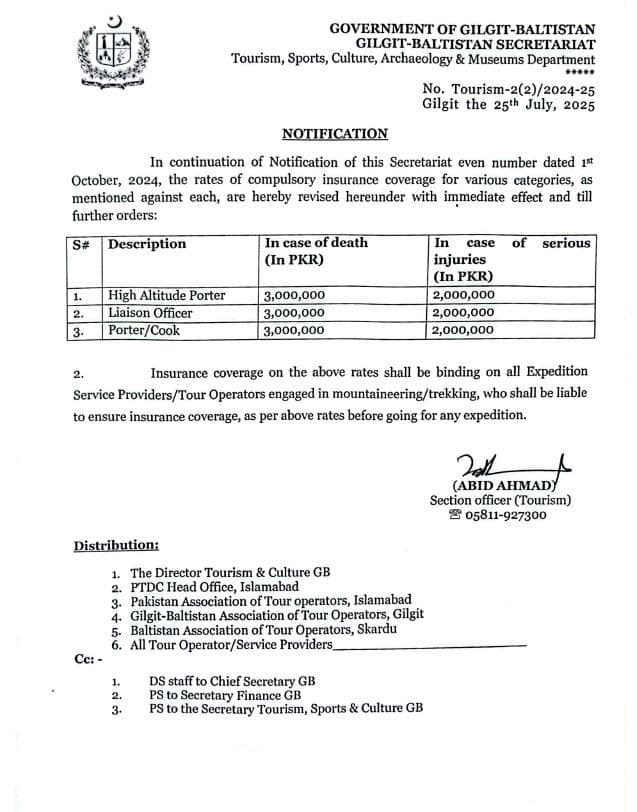 Important Advisory for Mountaineers and Tour Operators: Insurance Protocols and Permit Regulations in Gilgit-Baltistan  